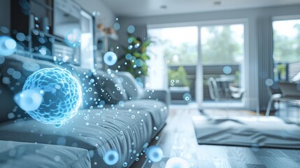 A 3D illustration showing the effect of cleaning on a blurry living room, with a protective shield against germs and viruses, emphasizing hygiene and health