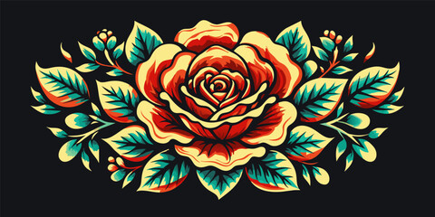 Mexico mexican roses for festival Cinco de mayo. Retro old school roses for chicano tattoo. Intricate illustration of colorful roses in a decorative vase with lush foliage on a black background