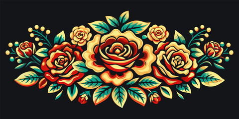 Fototapeta na wymiar Mexico mexican roses for festival Cinco de mayo. Retro old school roses for chicano tattoo. Intricate illustration of colorful roses in a decorative vase with lush foliage on a black background