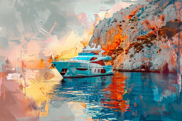 An abstract background featuring a luxury yacht anchored in a secluded bay - obrazy, fototapety, plakaty
