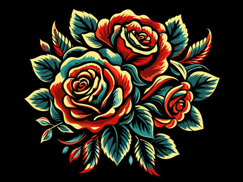 Mexico mexican roses for festival Cinco de mayo. Retro old school roses for chicano tattoo. Artistic representation of bright red roses with an abstract humanoid face integrated among the petals