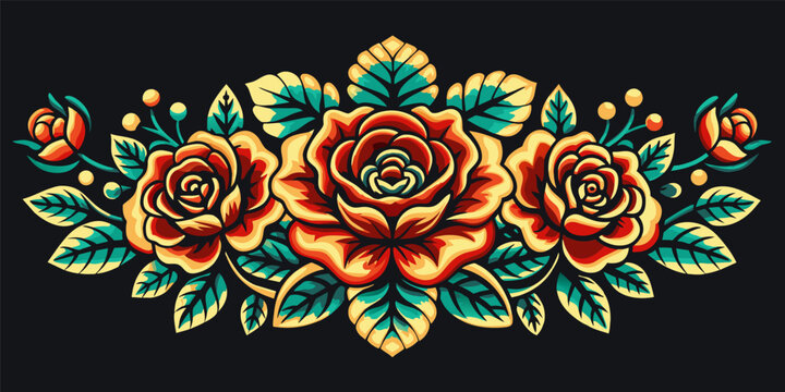 Mexico mexican roses for festival Cinco de mayo. Retro old school roses for chicano tattoo. Intricate illustration of colorful roses in a decorative vase with lush foliage on a black background