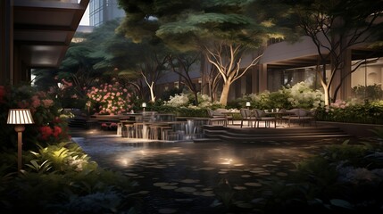 Obraz premium Tranquility Amidst Chaos: A Serene Garden Retreat in the Heart of the City