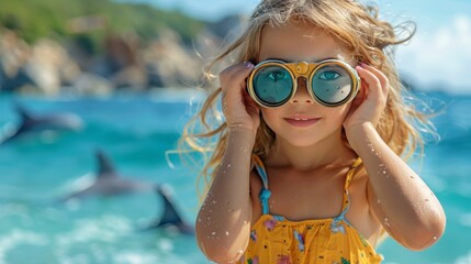 Little Girl in Yellow Swimsuit Holding up Sunglasses