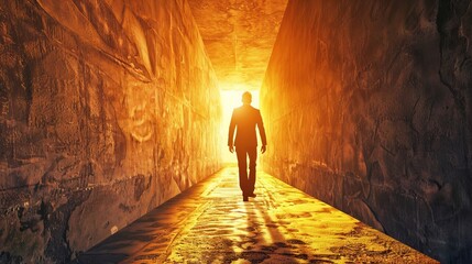 A businessman emerges from a dark tunnel into the light, signifying perseverance, breakthrough, and the journey towards success despite challenges - obrazy, fototapety, plakaty