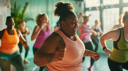 Happy obese tattooed african black woman dancing in fitness class wearing orange sports tank top. Race and body shape diverstiy - obrazy, fototapety, plakaty