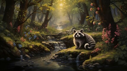 Obraz premium Nature's Haven: A Peaceful Woodland Scene Enhanced by a Meandering Brook