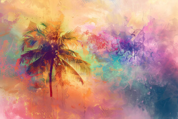 An abstract background featuring a palm tree against a colorful sky - obrazy, fototapety, plakaty