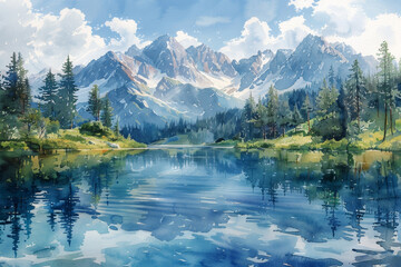 Fototapeta na wymiar Watercolor illustration of picturesque mountain landscape with a tranquil lake, lush forest, and captivating reflections amidst nature.