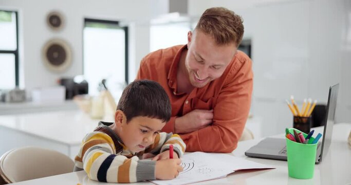 Happy father, child and writing with book for coloring homework, art project or pattern at home. Dad helping young boy, son or little kid with notebook, artwork or laptop in remote work at the house