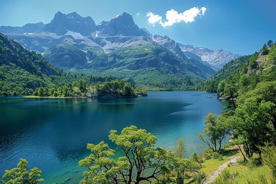 Explore the serene beauty, where tranquil lakes mirror the towering mountains, adorned with vibrant hues.