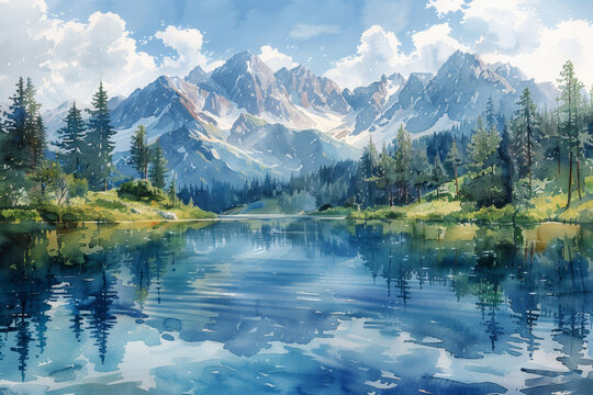 Watercolor illustration of picturesque mountain landscape with a tranquil lake, lush forest, and captivating reflections amidst nature.