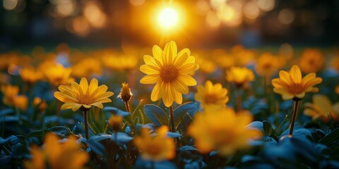 Field of Yellow Flowers With Sun Background
