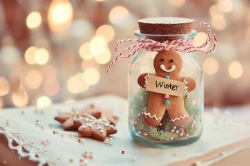 Christmas card with fir tree in glass jar on snow and bokeh background