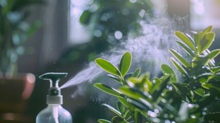 A depiction of an air freshener being sprayed, set against a home interior background, illustrating the concept of refreshing and cleansing the environment - obrazy, fototapety, plakaty