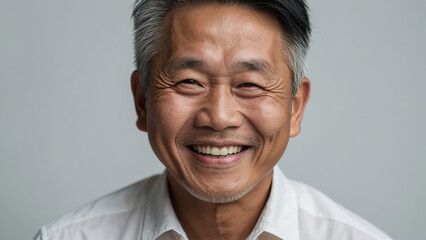 Happy old Asian man laughs.
