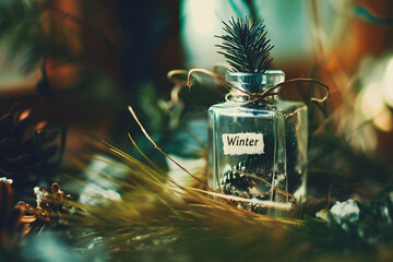 Christmas card with fir tree in glass jar on snow and bokeh background