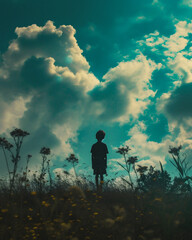 Silhouette of a boy standing on the top of the hill