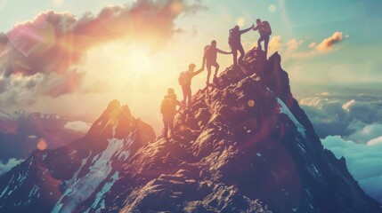 A depiction of teamwork in business, with a group assisting each other to climb a mountain and reach a goal, symbolizing collaborative success