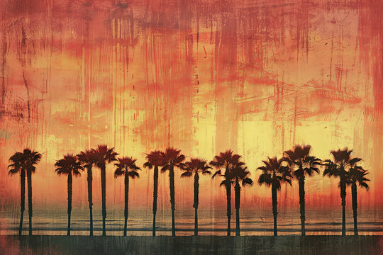 An abstract background featuring a row of palm trees along a beach