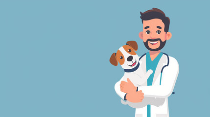 Veterinarian Day illustration, vet with a dog in his arms on a blue background, copy space for text