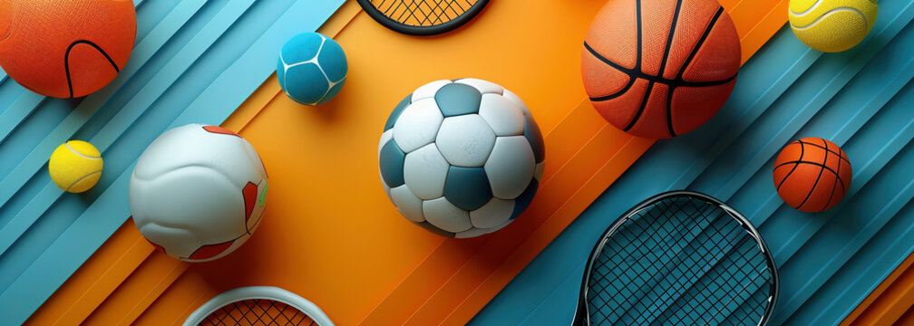 Panoramic collage with sports concept. Soccer, tennis, basketball, surfing, athletics... Sports in general