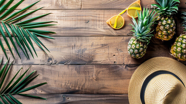 on a wooden background, a hat and sunglasses, pineapples, the concept of summer vacation, vacation
