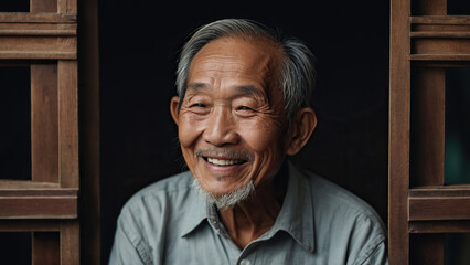 Happy old Asian man laughs.