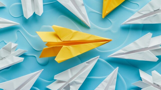 A different yellow paper plane among white ones, symbolizing team leadership and the management of successful business strategies