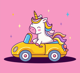 Cute unicorn with driving a yellow car cartoon kawaii, vector illustration
