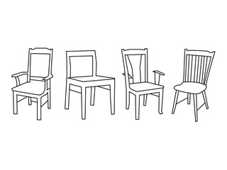 Different types of dining, office, and restaurant chairs outline a vector design.