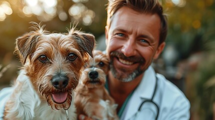 Veterinarian man with a cute dog in his arms, pets and care - obrazy, fototapety, plakaty