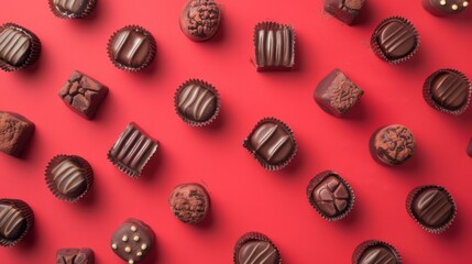 Obraz premium Variety of exquisite chocolate treats, featuring white, dark, and milk chocolate, set against a red backdrop. Overhead shot view captures the assortment of chocolates in a flat lay photograph.