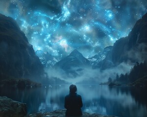 Person seated by a tranquil mountain lake under a canopy of interstellar nebulae - obrazy, fototapety, plakaty