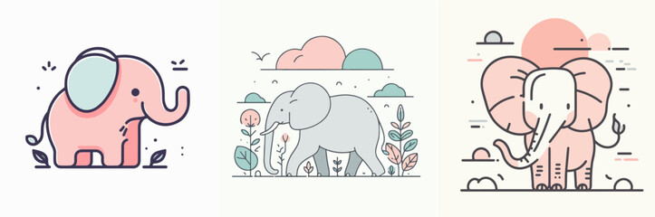 Vector elephant with a simple abstract flat line art style