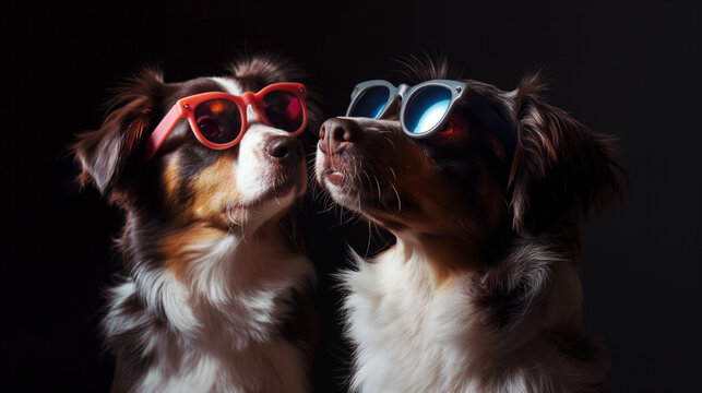 Dois cachorros usando oculos escuros isolados no fundo preto