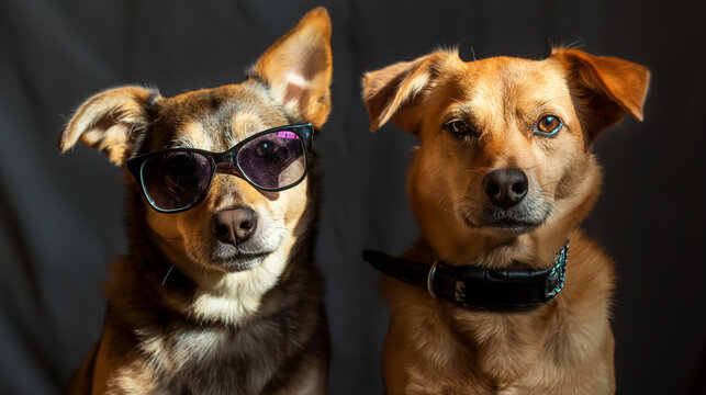 Dois cachorros usando oculos escuros isolados no fundo preto