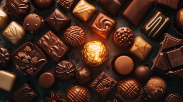 Variety of exquisite chocolate treats, featuring white, dark, and milk chocolate, set against a dark backdrop. Overhead shot view captures the assortment of chocolates in a flat lay photograph.