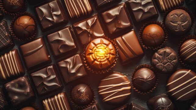 Variety of exquisite chocolate treats, featuring white, dark, and milk chocolate, set against a dark backdrop. Overhead shot view captures the assortment of chocolates in a flat lay photograph.