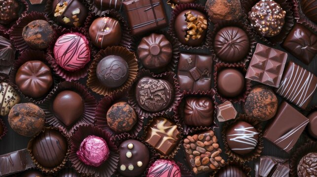 Variety of exquisite chocolate treats, featuring white, dark, and milk chocolate, set against a vibrant dar backdrop. Overhead shot view captures the assortment of chocolates in a flat lay photograph.
