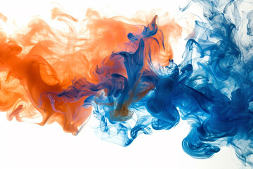 A bold and dramatic splash of cobalt blue and bright orange smoke, symbolizing energy and excitement over white - obrazy, fototapety, plakaty