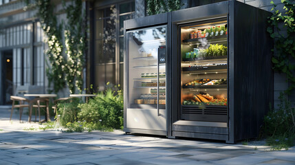 Smart fridges located in public spaces for easy pickup of preordered, gourmet togo meals , Highly detailed