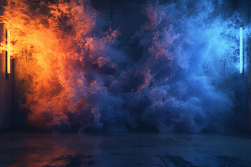A dramatic and mysterious combination of indigo and amber smoke, forming a captivating gradient in a 3D-rendered garage with dramatic lighting - obrazy, fototapety, plakaty
