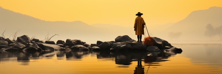 Man Standing on Rock in Lake - obrazy, fototapety, plakaty