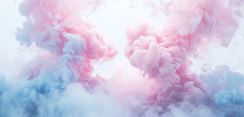 A dreamy and ethereal blend of baby pink and sky blue smoke, softly enveloping the white canvas