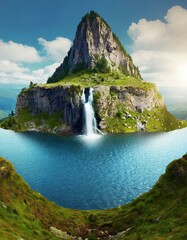 Awe-Inspiring Heights: Witnessing a Floating Mountain and Cascading Waterfall Against a Tranquil Lake