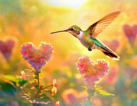 Evening Elegance: A Hummingbird Glides Amidst Heart-Shaped Blossoms as the Sun Sets