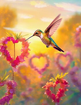 Twilight Serenade: A Hummingbird Soars Above Heart-Shaped Flowers in the Setting Sun
