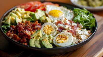 Abundant and Flavorful Cobb Salad Dish Featuring Fresh Vegetables, Eggs, and Savory Bacon