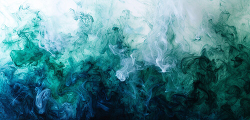 A fusion of emerald green and sapphire blue smoke over white, mimicking the colors of a deep,...